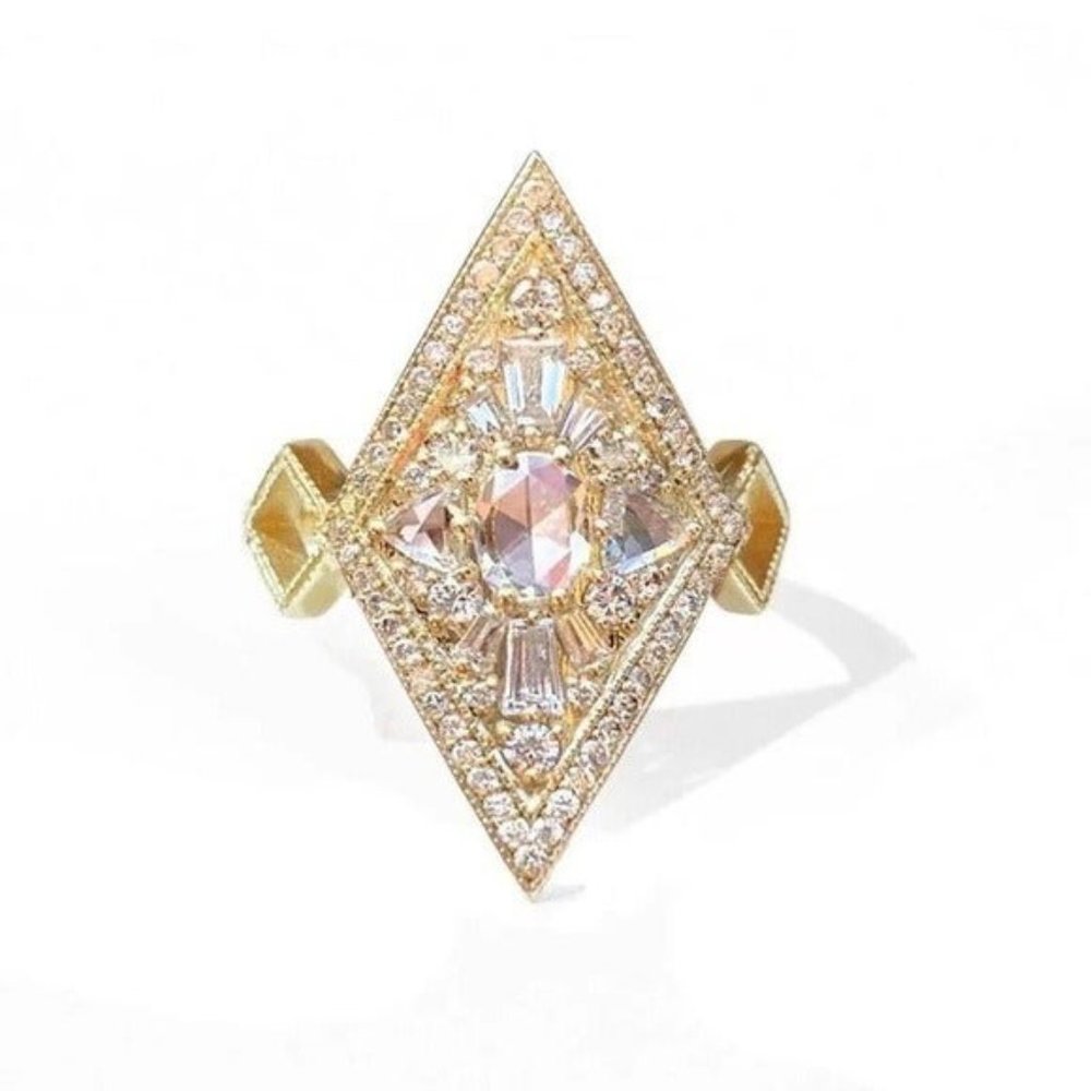 Bohemian diamond shaped ring rhombus zircon gold